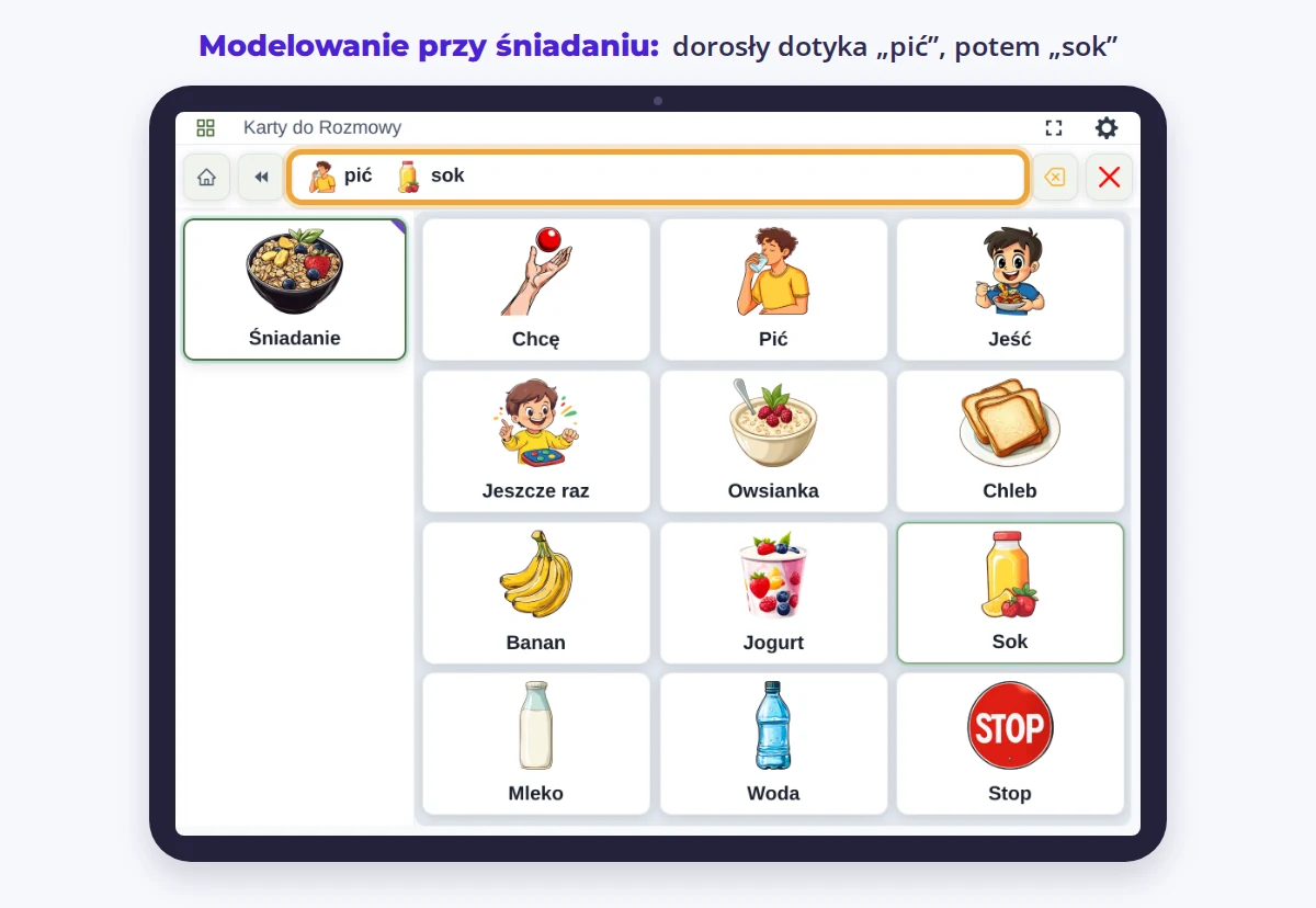 Tablica EYA z kartami śniadaniowymi; na pasku zdania: „pić sok”