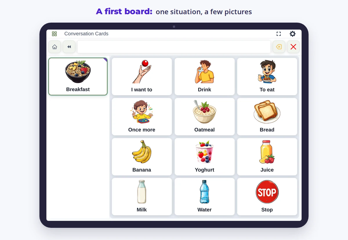 EYA board on a tablet: twelve breakfast cards, the sentence bar empty.