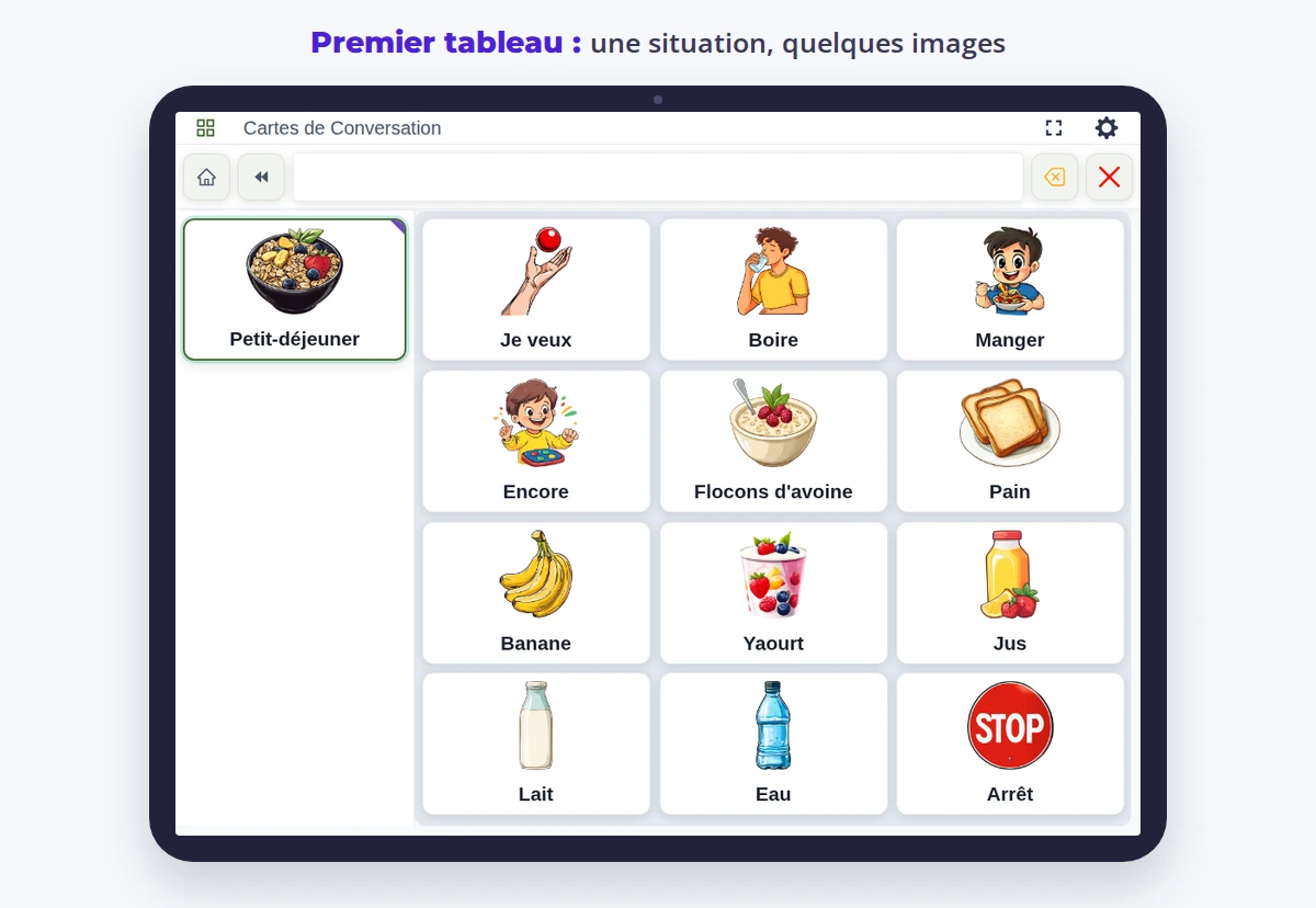 Tableau EYA sur une tablette : douze cartes du petit-déjeuner, la barre de phrase est vide.