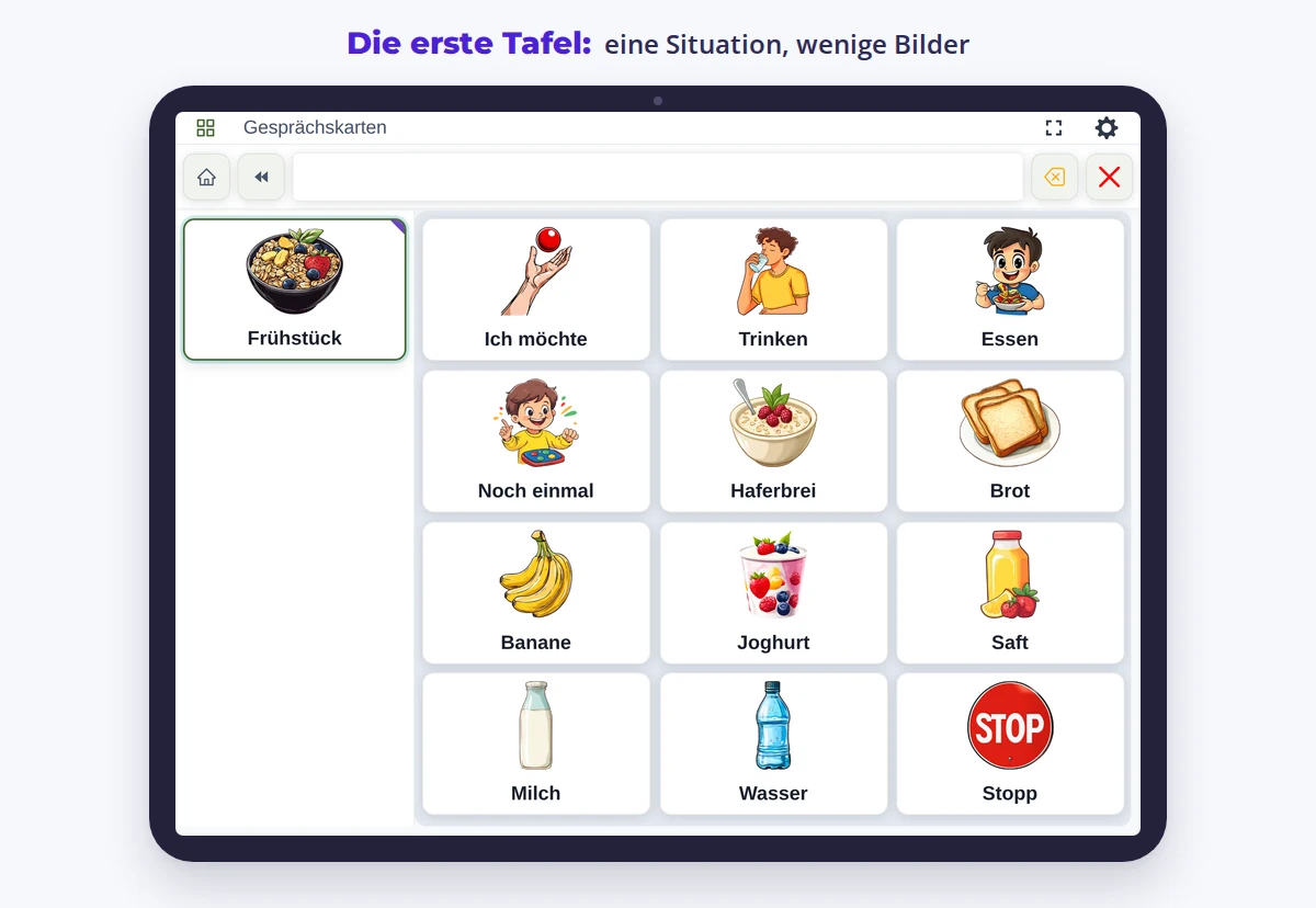 EYA-Tafel auf dem Tablet: zwölf Frühstückskarten, die Satzleiste ist leer.